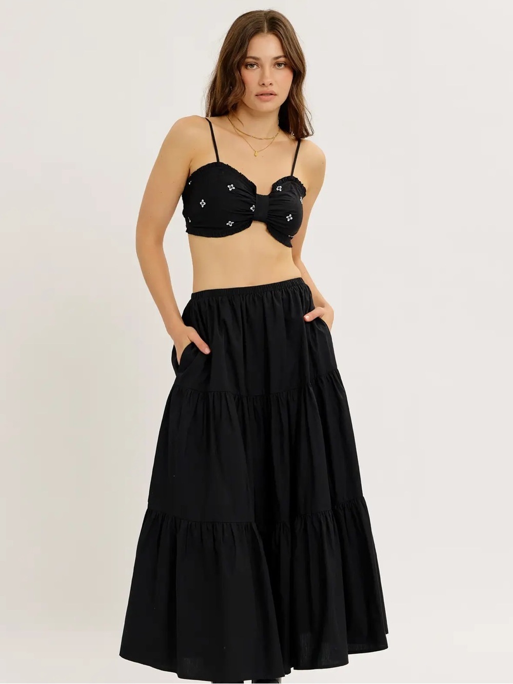 NWT Embroidered Bralette and Tiered Maxi Skirt Set
